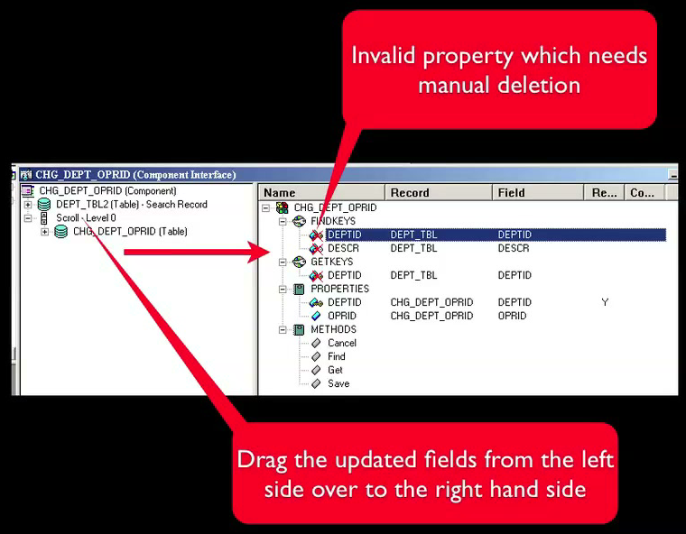 Corrupted Component Interface in Application Designer showing red X icons on invalid properties