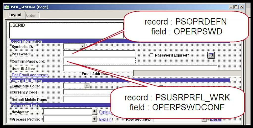 USER_GENERAL page in Application Designer showing PSOPRDEFN.OPERPSWD and PSUSRPRFL_WRK.OPERPSWDCONF