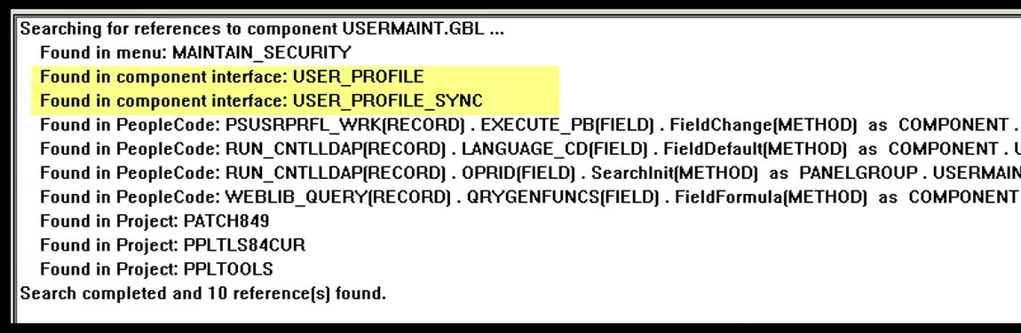 Find Object References output showing USER_PROFILE and USER_PROFILE_SYNC referencing USERMAINT