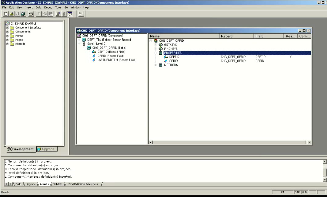 Component Interface in Application Designer showing Component tree on left and CI keys, properties, and methods on right