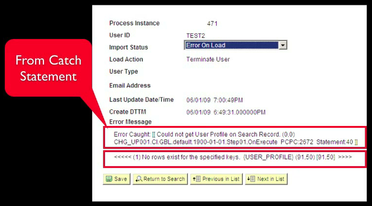 Staging table inquiry page showing both the caught PeopleCode exception and the PSMessages error text