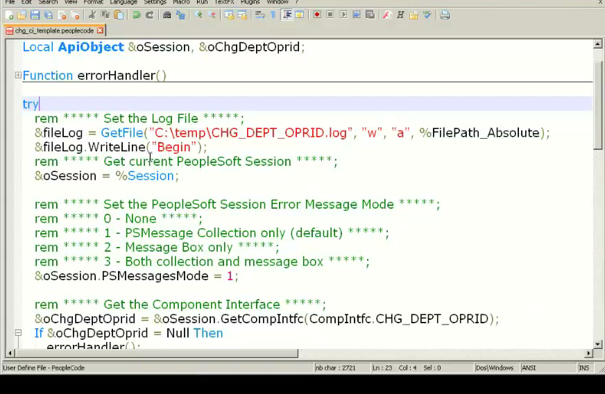 Auto-generated PeopleCode template produced by dragging CHG_DEPT_OPRID into an editor