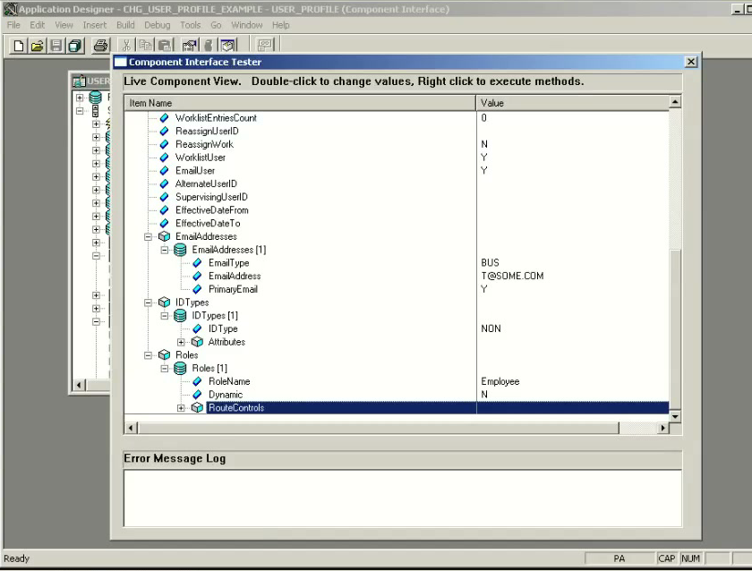 Expanded EmailAddresses, IDTypes, and Roles collections in CI Tester showing dummy row [1] populated