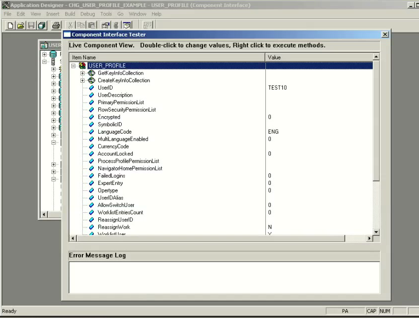 Component Interface Tester showing live component view after clicking Create New for UserID TEST10