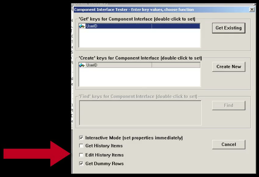 Component Interface Tester launch dialog showing Get Existing, Create New, Find, and behavioral checkboxes